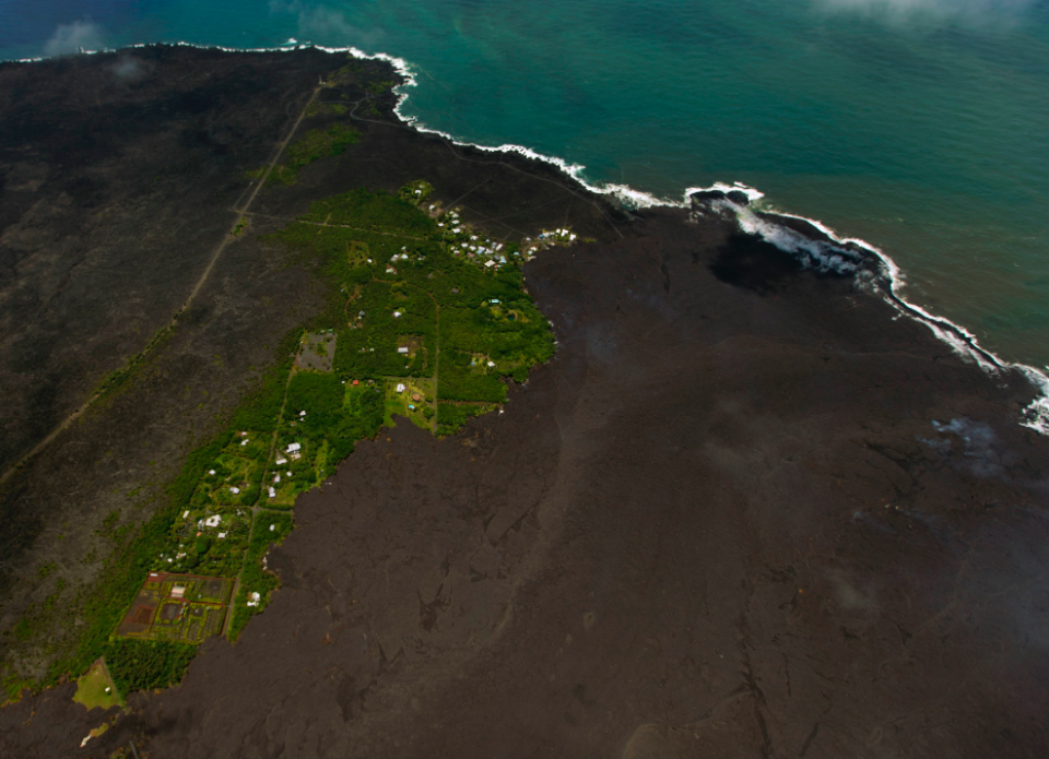 <em>Most of the Kapoho area including the tide pools is now covered in fresh lava with few properties still intact (PA)</em>