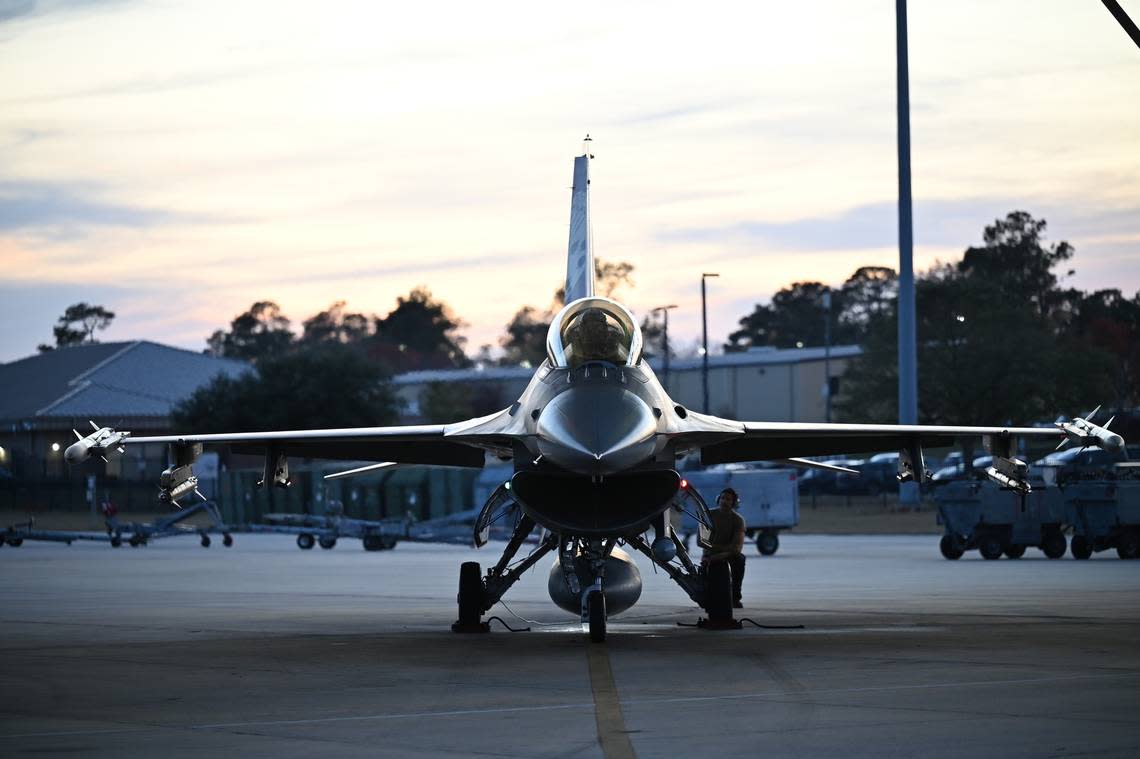 A U.S. Air Force F-16C Fighting Falcon assigned to the 77th Fighter Squadron “Gamblers” prepares to taxi during surge week at Shaw Air Force Base, Dec. 4, 2023. During day-to-day operations, squadrons usually send two sorties, versus during surge week they send up to four per day. This fast pace prepares Airmen for similar environments downrange. (U.S. Air Force photo by Senior Airman Meghan Hutton)