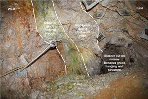 Figure 1: Active mine face on the T2 structure, with the bonanza grade xocomecatlite-bearing footwall breccia and significant high-grade quartz stockwork veining developed in the immediate hanging wall of breccia. The T2 structure dips steeply to the east, away from the lower levels of historic mine development.