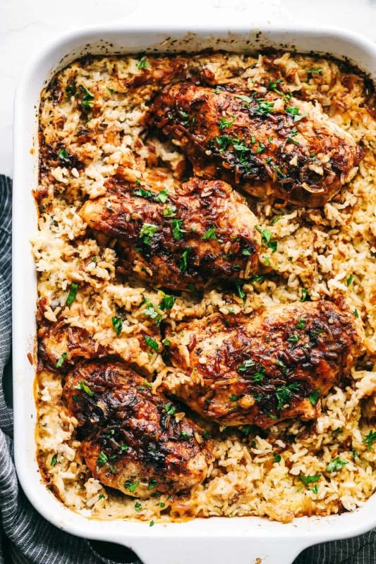 <p>No-peek chicken and rice casserole is full of comfort and tender, fall apart chicken overtopping a flavorful rice that makes this meal a family favorite! Baking to perfection with the warm, steam cooking the chicken and rice to perfection.</p><p><strong>Get the recipe: <a href="https://therecipecritic.com/no-peek-chicken-and-rice-casserole/" rel="nofollow noopener" target="_blank" data-ylk="slk:No-Peek Chicken and Rice Casserole;elm:context_link;itc:0;sec:content-canvas" class="link rapid-noclick-resp">No-Peek Chicken and Rice Casserole</a></strong></p>