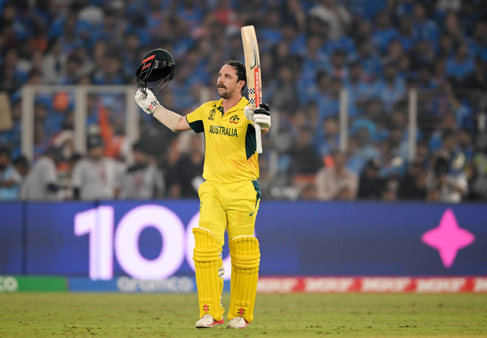 AHMEDABAD, INDIA - NOVEMBER 19: Travis Head of Australia celebrates his century during the ICC Men's Cricket World Cup India 2023 Final between India and Australia at Narendra Modi Stadium on November 19, 2023 in Ahmedabad, India. (Photo by Matt Roberts-ICC/ICC via Getty Images)