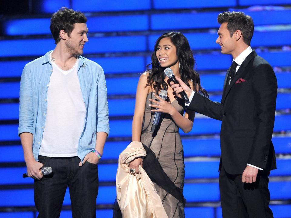 Phillip Phillips, Jessica Sanchez, and Ryan Seacrest on American Idol season 11