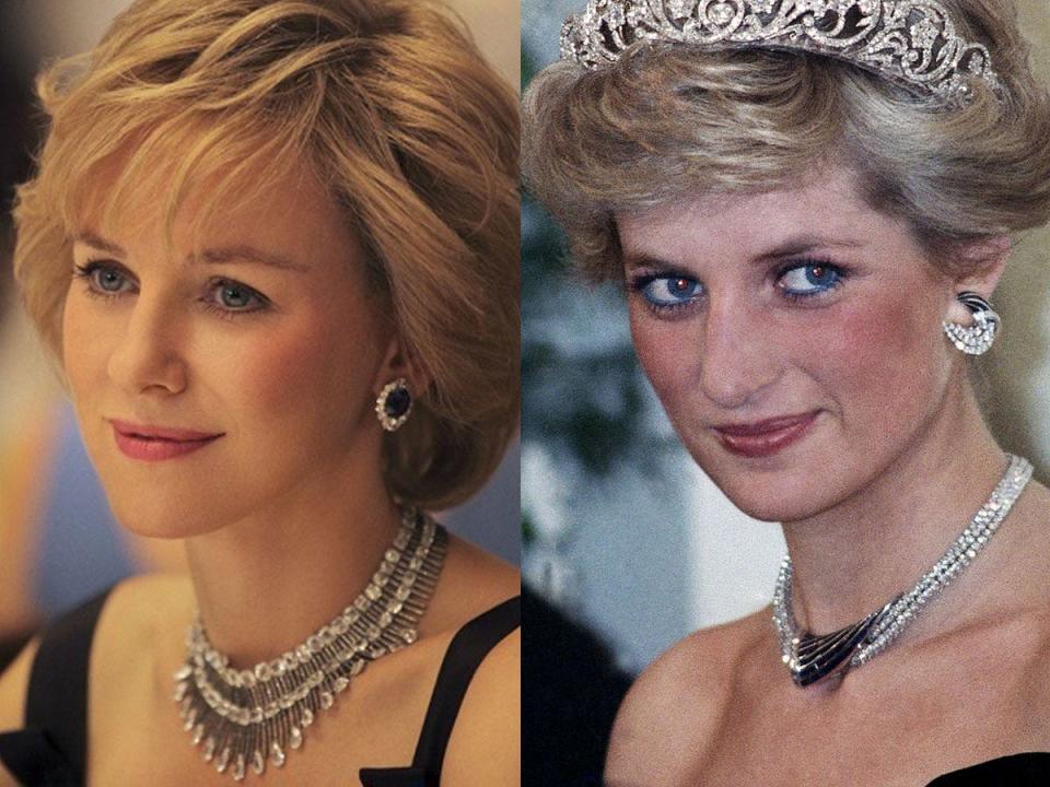 Naomi Watts wearing a necklace as princess diana; and Princess Diana wearing a necklace and crown