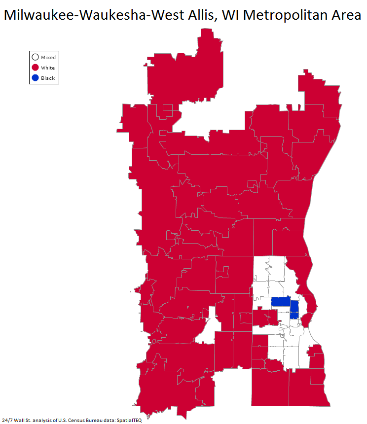 3. Milwaukee-Waukesha-West Allis, WI. Percentage of population living in segregated areas: 51.4%. Black poverty rate: 38.4%. White poverty rate: 7.6%. Black unemployment rate: 16.3%. White unemployment rate: 5.9%