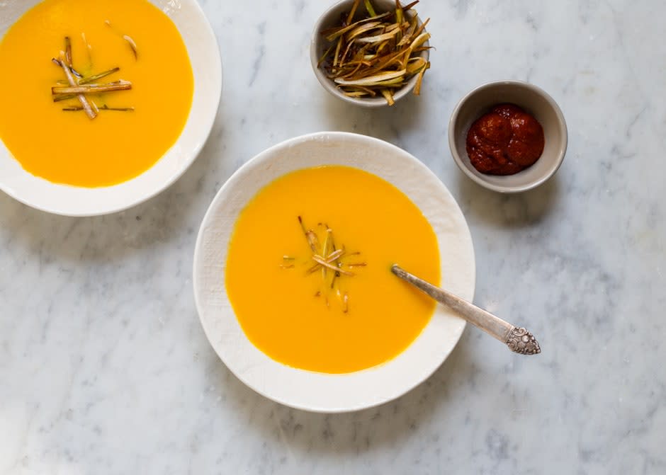 Carrot-Coconut Soup with Harissa and Crispy Leeks