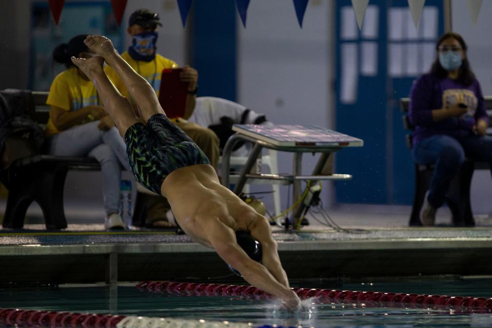 Tuloso-Midway's Luca Nisimblat competes in the 100 yard freestyle during the Region VIII-5A Meet at the Corpus Christi Natatorium on Saturday, Feb. 6, 2021.