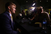 Missouri linebacker Cale Garrett speaks during the NCAA college football Southeastern Conference Media Days, Monday, July 15, 2019, in Hoover, Ala. (AP Photo/Butch Dill)