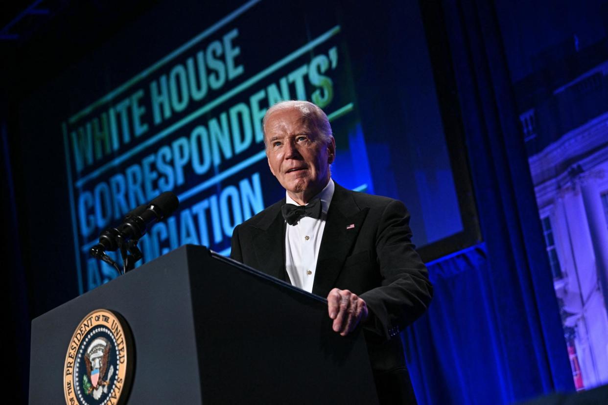 <span>Joe Biden speaks during the White House Correspondents’ Association dinner in Washington DC on Saturday.</span><span>Photograph: Brendan Smialowski/AFP/Getty Images</span>