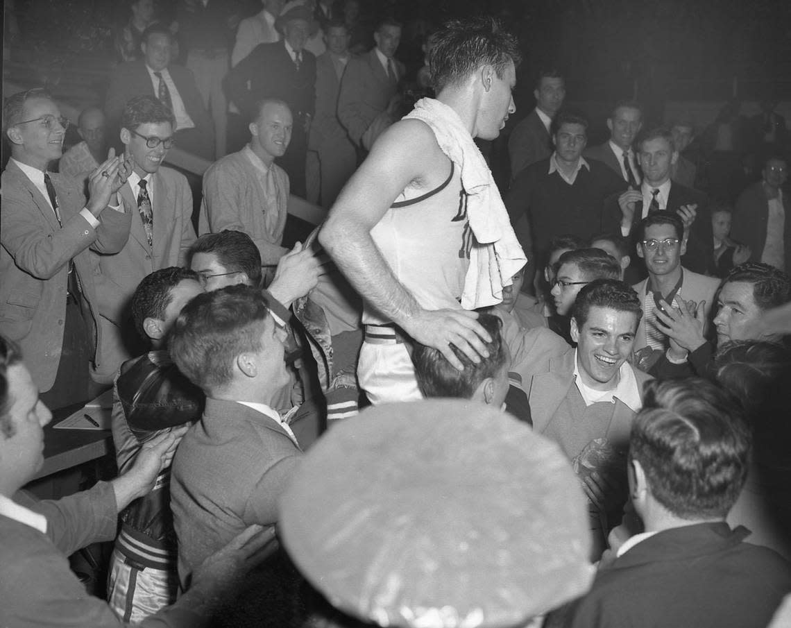 Dick Groat receives congratulations after breaking Duke’s scoring record, by scoring 48 points against Carolina, on February 29, 1952.