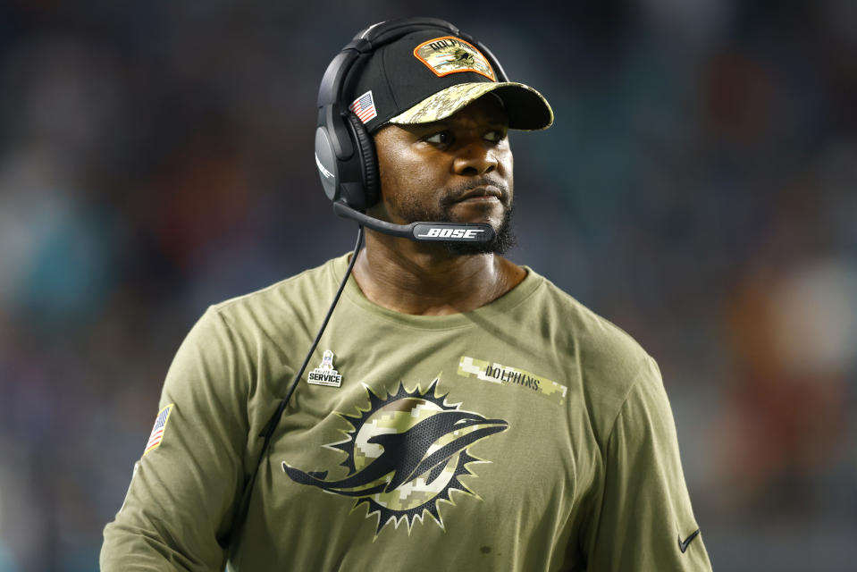 MIAMI GARDENS, FLORIDA - NOVEMBER 11: Head coach Brian Flores of the Miami Dolphins looks on against the Baltimore Ravens during the second quarter in the game at Hard Rock Stadium on November 11, 2021 in Miami Gardens, Florida. (Photo by Michael Reaves/Getty Images)