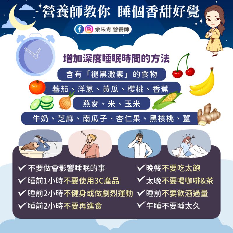 ▲睡眠不足對身體健康影響大，建議可以多攝取含有褪黑激素的食物。（圖／取自《余朱青 營養師》FB）