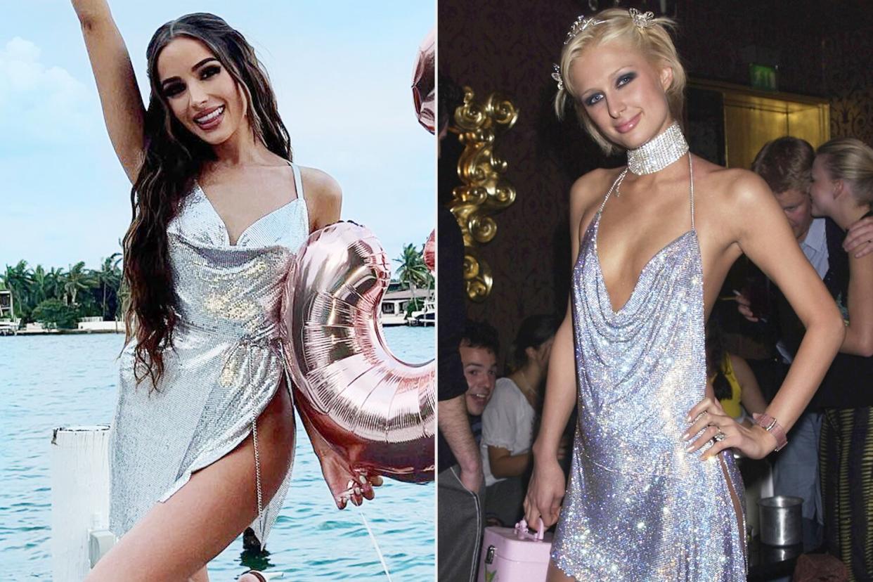 Olivia Culpo's Chainmail 30th Birthday Dress Gives Off Paris Hilton Vibes. https://www.instagram.com/p/CdToQNAOeMx/. LONDON - MAY 3: Paris Hilton celebrates her 21st Birthday Party at the Stork Rooms in Swallow Street on May 3, 2002 in London. (Photo by Dave Benett/Getty Images)