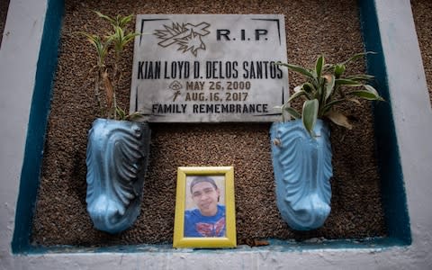 Rodrigo Duterte has vowed to pardon authorities involved in his bloody crackdown, but even he refused to defend the 2017 killing of Kian Delos Santos - Credit: NOEL CELIS/AFP/Getty Images