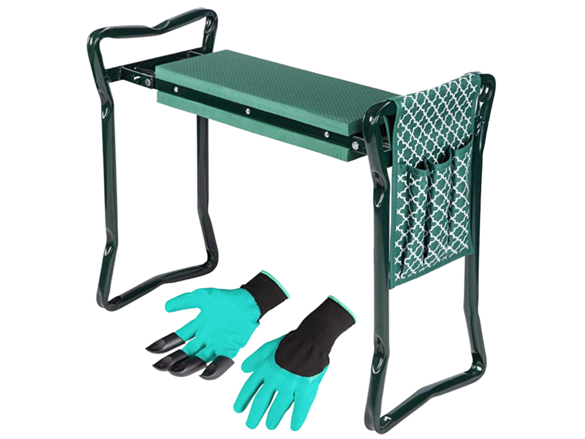 Green garden stool/kneeler with green garden gloves.