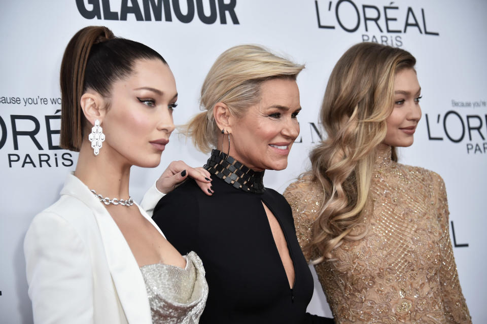 Bella Hadid, Yolanda Hadid, and Gigi Hadid attend the Glamour Women of the Year Awards at the Kings Theater in Brooklyn, New York City on November 13, 2017. (Photo by Steven Ferdman/Sipa USA)