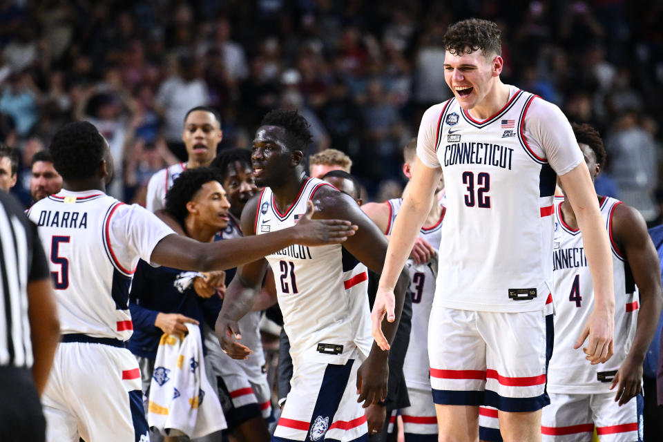 UConn big man Donovan Clingan (32) will play a bigger role for the team this year after putting in quality minutes off the bench last season. (Photo by Brett Wilhelm/NCAA Photos via Getty Images)