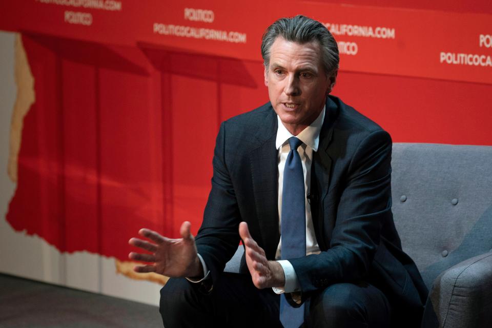 California Gov. Gavin Newsom speaks during an interview with Politico on Tuesday, Sept. 12, 2023, in Sacramento, Calif. Newsom will soon consider a bill that would allow cannabis cafés to open in parts of the state.