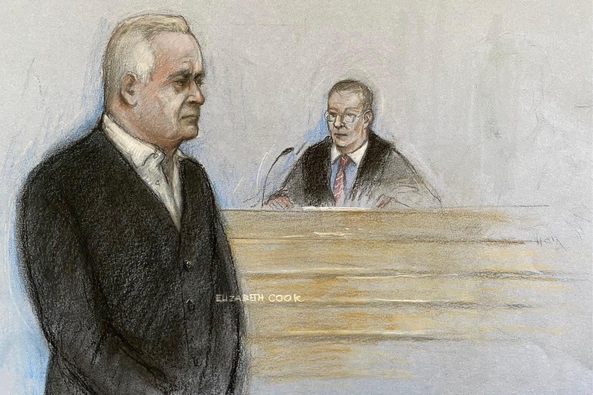 Court drawing of former BBC broadcaster Huw Edwards standing in the dock at Westminster Magistrates’ Court (PA)