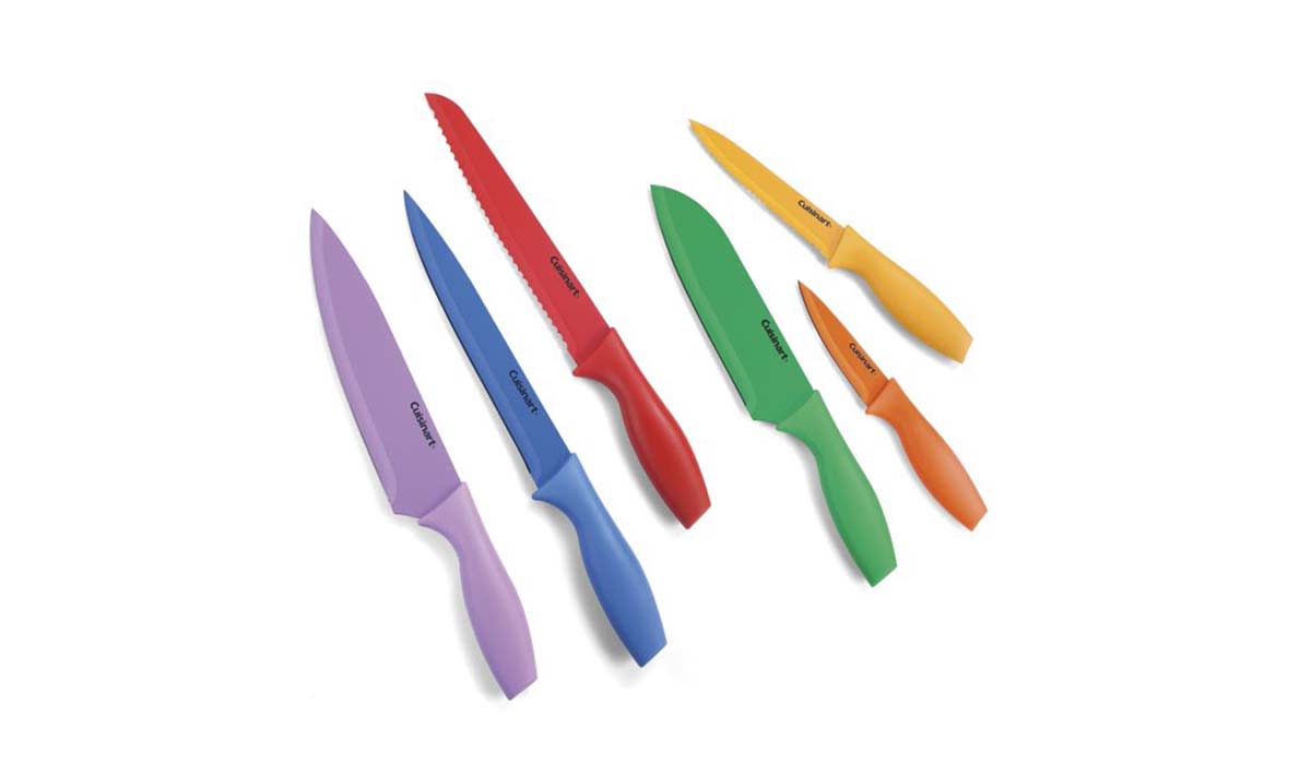 Each of the six knives is a different color to prevent cross contamination in the kitchen. 