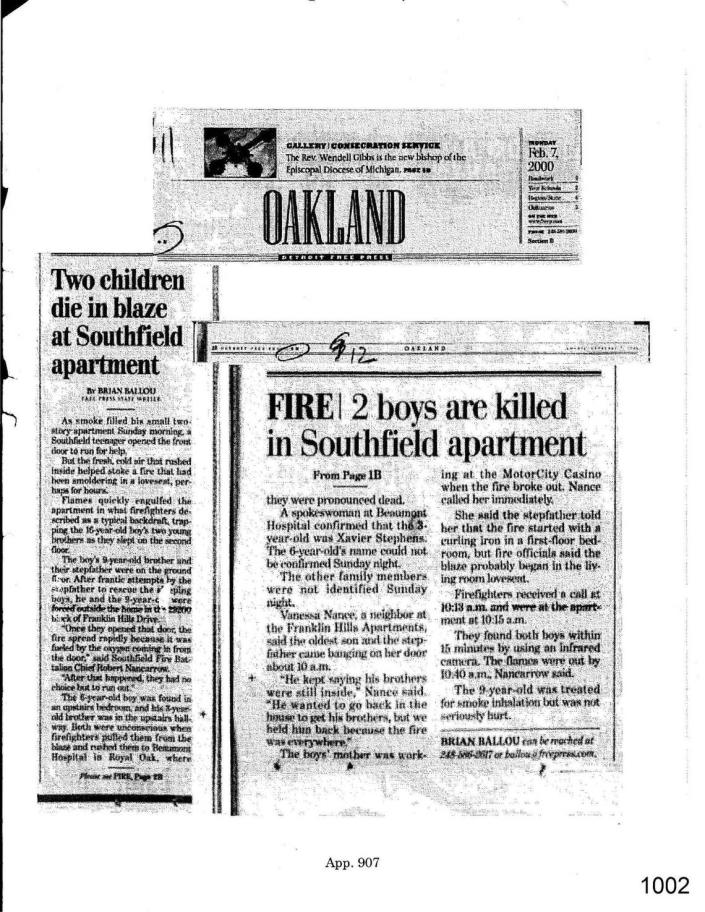 A news story in the Detroit Free Press chronicled the death of Jared Stephens’ two younger brothers in a house fire in 2000. Stephens is said to have blamed himself.