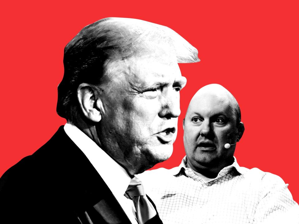 Collage featuring a large photo of Donald Trump towering over a smaller photo of Marc Andreessen
