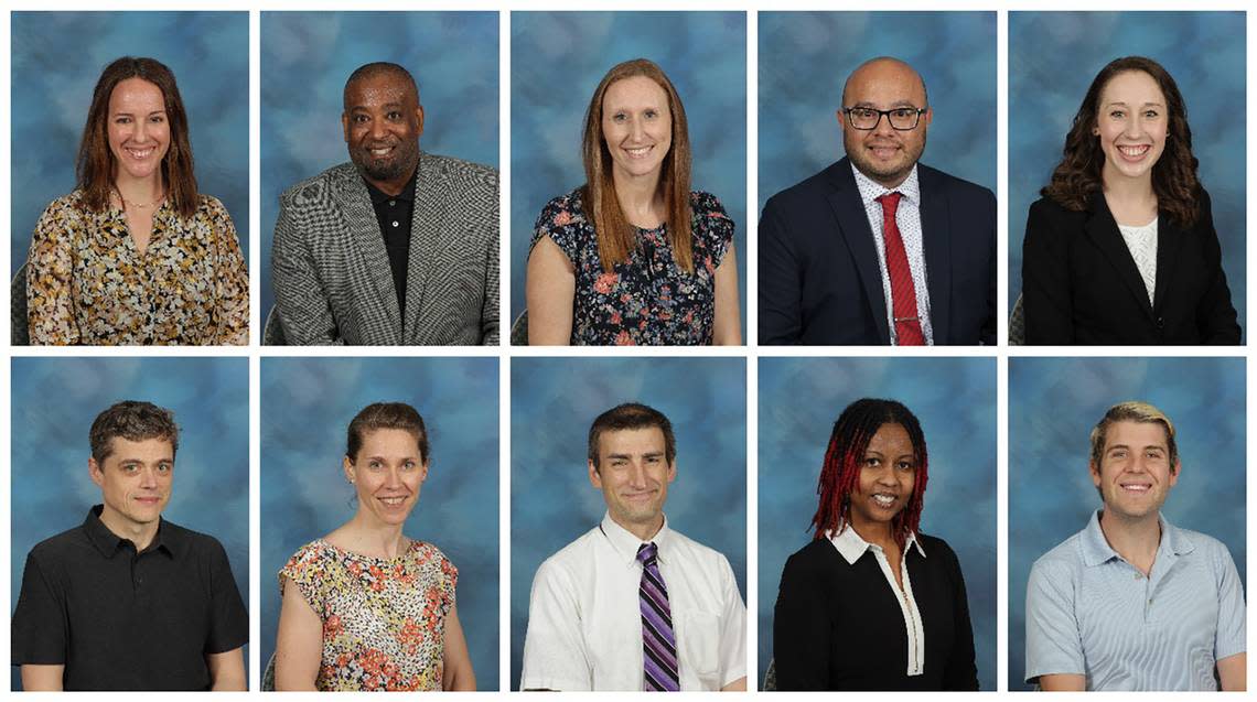 The 10 Wake County finalists for 2023 Teacher of the Year are (pictured starting top left, clockwise) Jane Ferguson of Brooks Elementary, Terry Hennings of Garner High, Sarah Freeman of Wake Forest High, Leroy Salazar of Wake Early College of Information & Biotechnologies, Kaitlyn Putt of Carroll Middle, Tyler Ellzey of Buckhorn Creek Elementary, Darius Davis of Washington Elementary, Ross Anderson of Moore Square Middle, Ginny Clayton of Cary High and Chris Stapleton of Apex Friendship High.