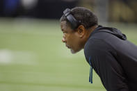 Carolina Panthers head coach Steve Wilks watches during the first half an NFL football game between the Carolina Panthers and the New Orleans Saints in New Orleans, Sunday, Jan. 8, 2023. (AP Photo/Butch Dill)