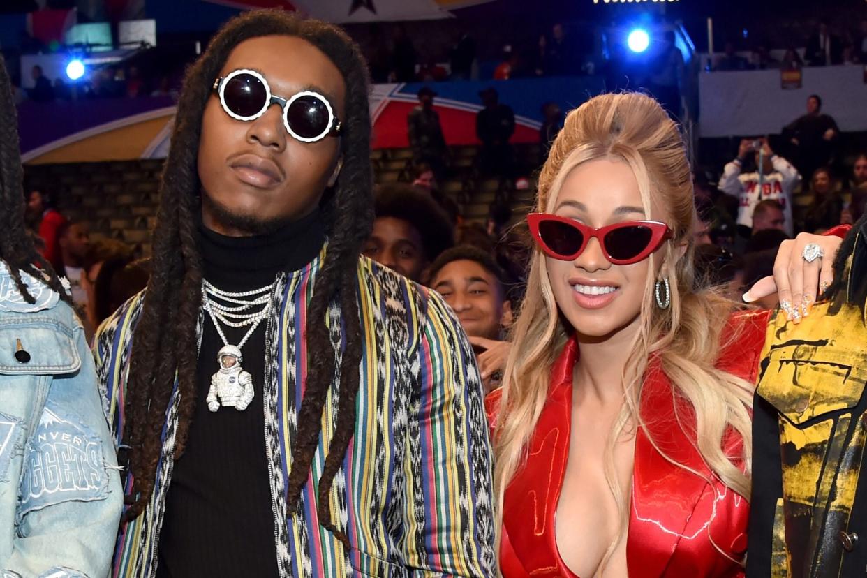 LOS ANGELES, CA - FEBRUARY 18: (L-R) Quavo and Takeoff of Migos, Cardi B, and Offset of Migos attend the 67th NBA All-Star Game: Team LeBron Vs. Team Stephen at Staples Center on February 18, 2018 in Los Angeles, California. (Photo by Kevin Mazur/WireImage)