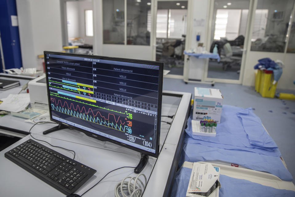 In this photo taken on Wednesday, April 15, 2020, a screen monitoring the situation of COVID-19 patients is seen inside one of the intensive care units (ICU) of the Moulay Abdellah hospital in Sale, Morocco. Coronavirus has upended life for Morocco's medical workers. They enjoy better medical facilities than in much of Africa but are often short of the equipment available in European hospitals, which also found themselves overwhelmed. (AP Photo/Mosa'ab Elshamy)