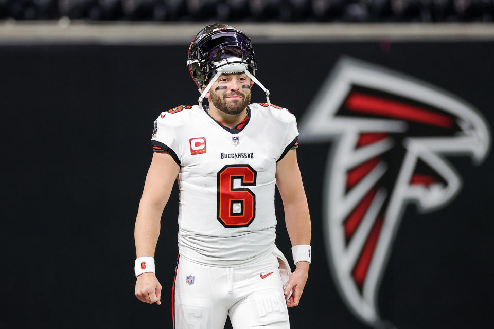 ATLANTA, GEORGIA – DECEMBER 10: Baker Mayfield #6 of the Tampa Bay Buccaneers looks on before the game against the Atlanta Falcons at Mercedes-Benz Stadium on December 10, 2023 in Atlanta, Georgia. (Photo by Kevin C. Cox/Getty Images)