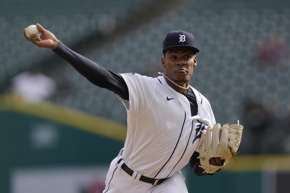 Detroit Tigers relief pitcher Angel De Jesus throws against the Kansas City Royals in the ninth inning of a baseball game in Detroit, Thursday, Sept. 29, 2022. (AP Photo/Paul Sancya)