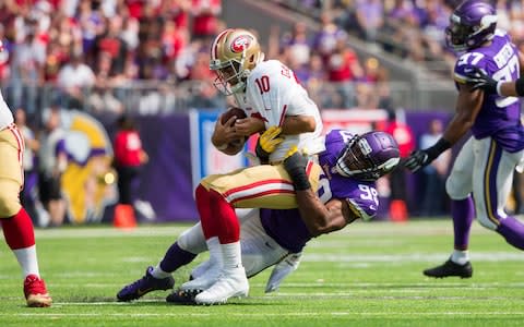 Minnesota Vikings defensive lineman Danielle Hunter (99) sacks San Francisco 49ers quarterback Jimmy Garoppolo (10) - Credit: USA TODAY