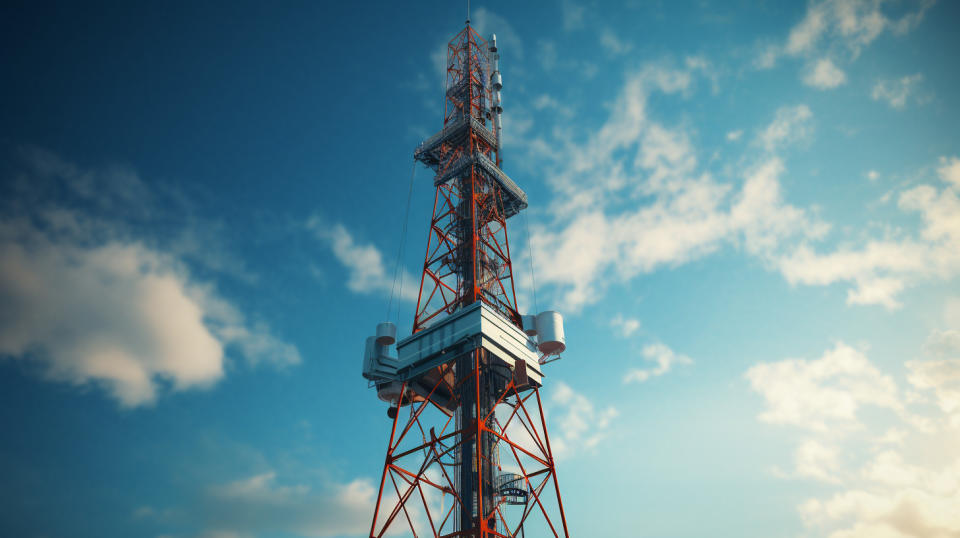 A close-up of a radio broadcast tower reaching to the skies.