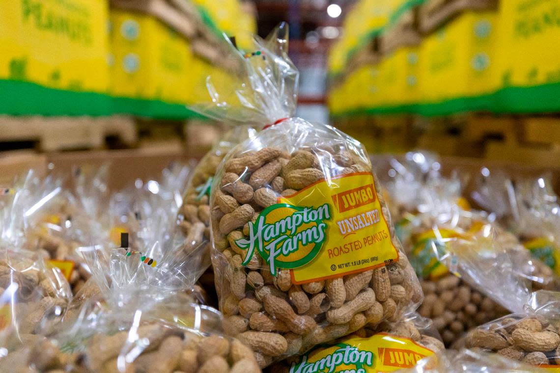 Hampton Farms Jumbo Unsalted Peanuts packaged for retail sale at the Severn Peanut Company on Monday, July 10, 2023 in Severn, N.C