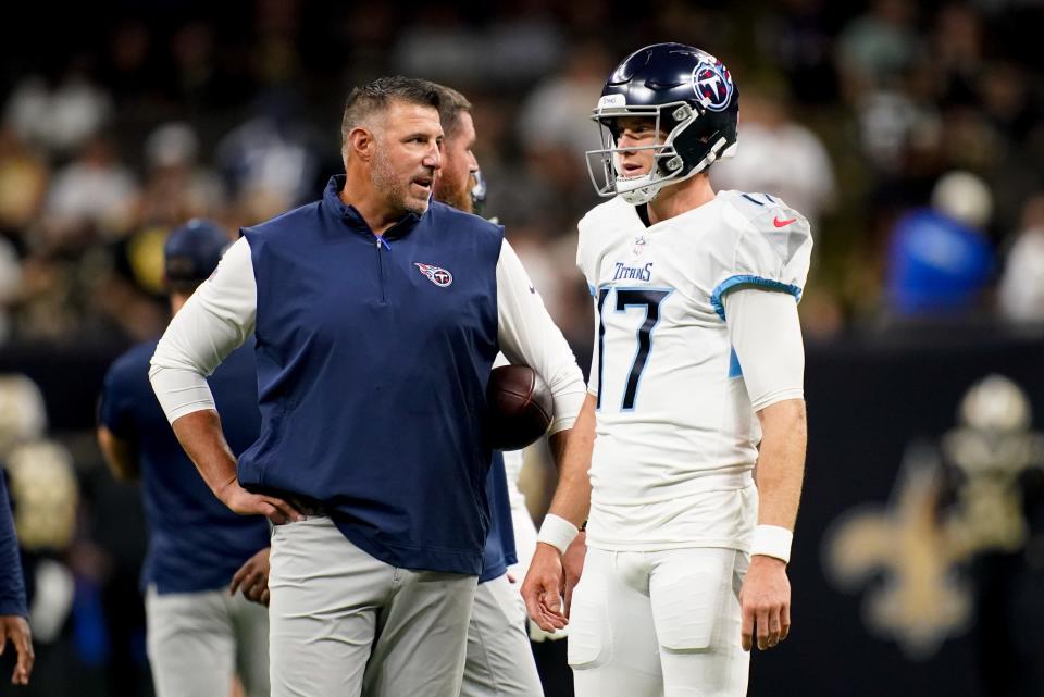 Tennessee Titans head coach Mike Vrabel and quarterback Ryan Tannehill (17) talk on the field as the team gets ready to face the New Orleans Saints at the Caesars Superdome in New Orleans, La., Sunday, Sept. 10, 2023.
