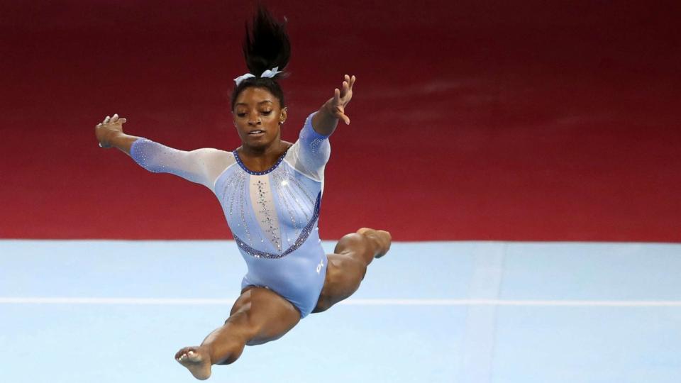 PHOTO: Simone Biles performed the triple-double, officially to be named the Biles II, in her floor routine at the World Artistic Gymnastics Championships in Stuttgart, Germany on Oct. 5, 2019. (The Yomiuri Shimbun/AP)