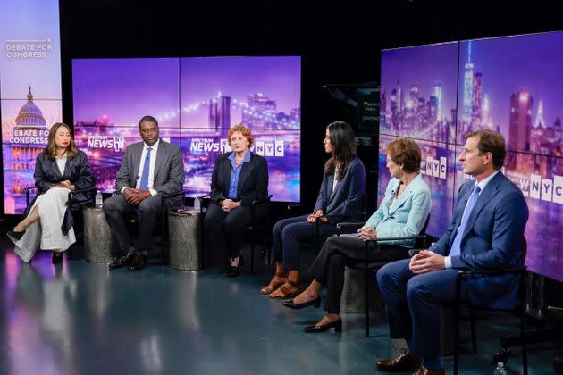 From left, New York Assembly member Yuh-Line Niou, U.S. Rep. Mondaire Jones, Assembly member Jo Anne Simon, New York City Council member Carlina Rivera, Elizabeth Holtzman and attorney Dan Goldman participate in New York's 10th Congressional District Democratic primary debate on Aug. 10. (Photo: via Associated Press)