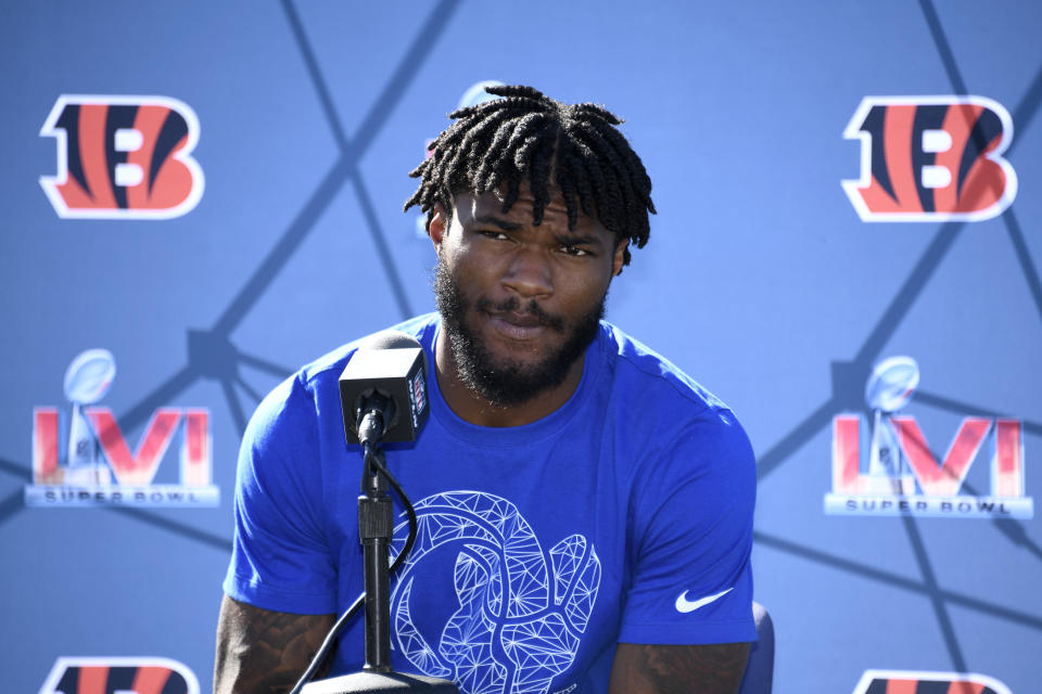 Cam Akers of the Los Angeles Rams speaks to the media at California Lutheran University on Friday. (Photo by Kevork Djansezian/Getty Images)