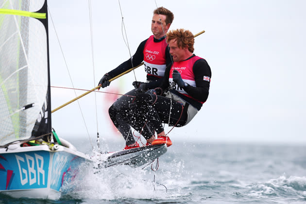 WEYMOUTH, ENGLAND - AUGUST 06: Stevie Morrison and Ben Rhodes of Great Britain compete in the Men's 49er Sailing on Day 10 of the London 2012 Olympic Games at the Weymouth & Portland Venue at Weymouth Harbour on August 6, 2012 in Weymouth, England. (Photo by Clive Mason/Getty Images)