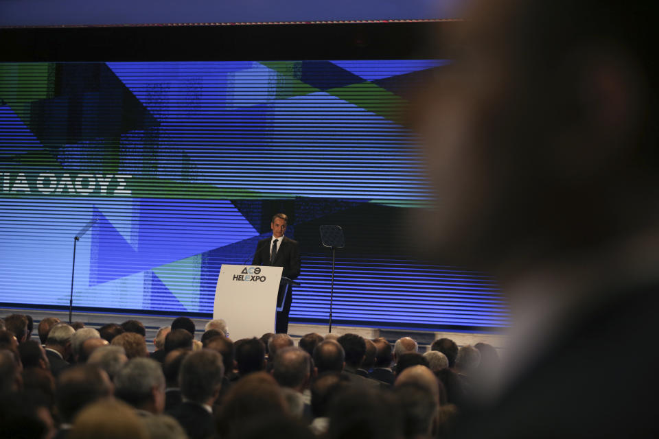 Greece's Prime Minister Kyriakos Mitsotakis delivers a speech during the Thessaloniki International Fair at the northern city of Thessaloniki, Saturday, Sept. 7, 2019. Mitsotakis outlined his economic policies for the next year, as heads of government have traditionally done over the years. (AP Photo/Giannis Papanikos)