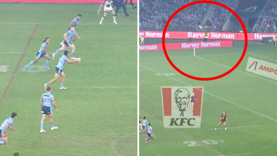 Matt Burton (pictured left) kicking a ball during State of Origin and (pictured right) the Maroons defence.