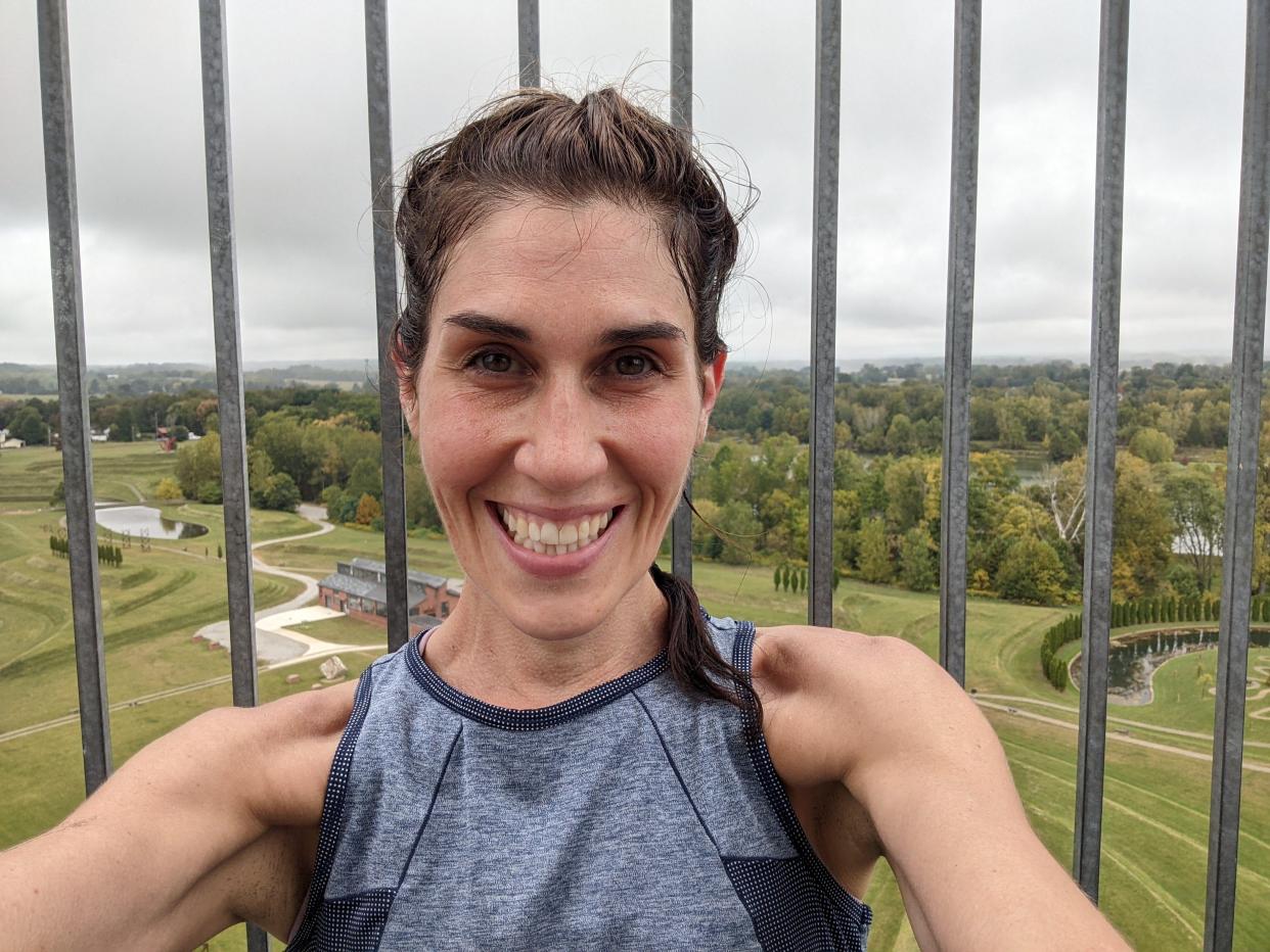 Abbey Roy pictured at the top of Rastin Observation Tower, a 280-foot column that soars over Mt. Vernon’s Ariel-Foundation Park.