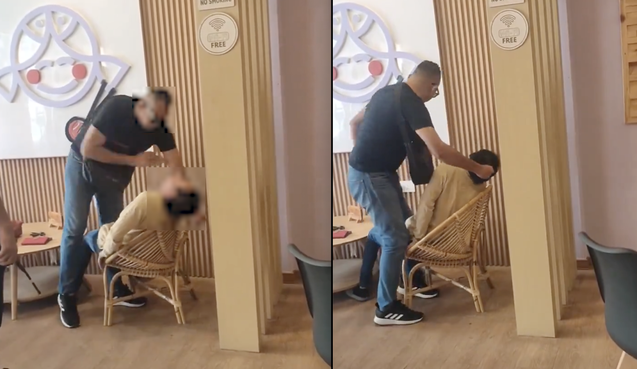 A composite image of a man assaulting another man in a public area in Malaysia.