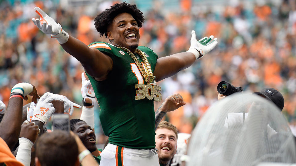 University of Miami lineman Gregory Rousseau wears the turnover chain against Central Michigan during the first half of their game on Saturday, Sept. 21, 2019. (Michael Laughlin/South Florida Sun Sentinel/Tribune News Service via Getty Images)