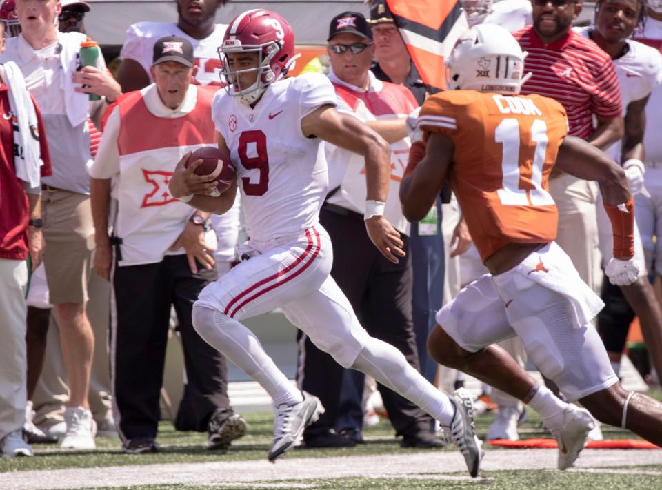 Alabama quarterback Bryce Young (9) is chased out of bounds by Texas defensive back Anthony Cook during the second half of their game, Saturday, Sept. 10, 2022, in Austin, Texas.