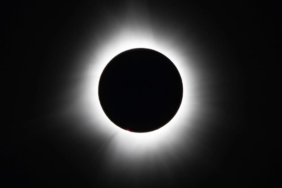 The moon covers the sun during a total solar eclipse, as seen from Bishop’s University in Sherbrooke, Quebec, Monday, April 8, 2024. (AP Photo/Mark Schiefelbein)