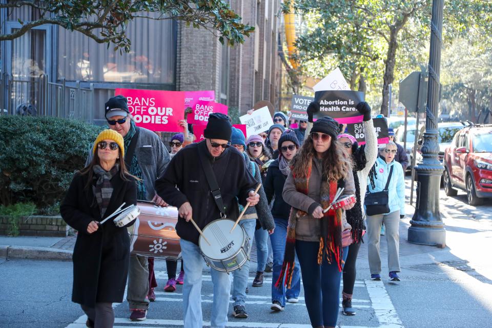 Abortion-rights supporters march along Bull Street during the "Bigger Than Roe" rally and march on Saturday, January 20, 2024.