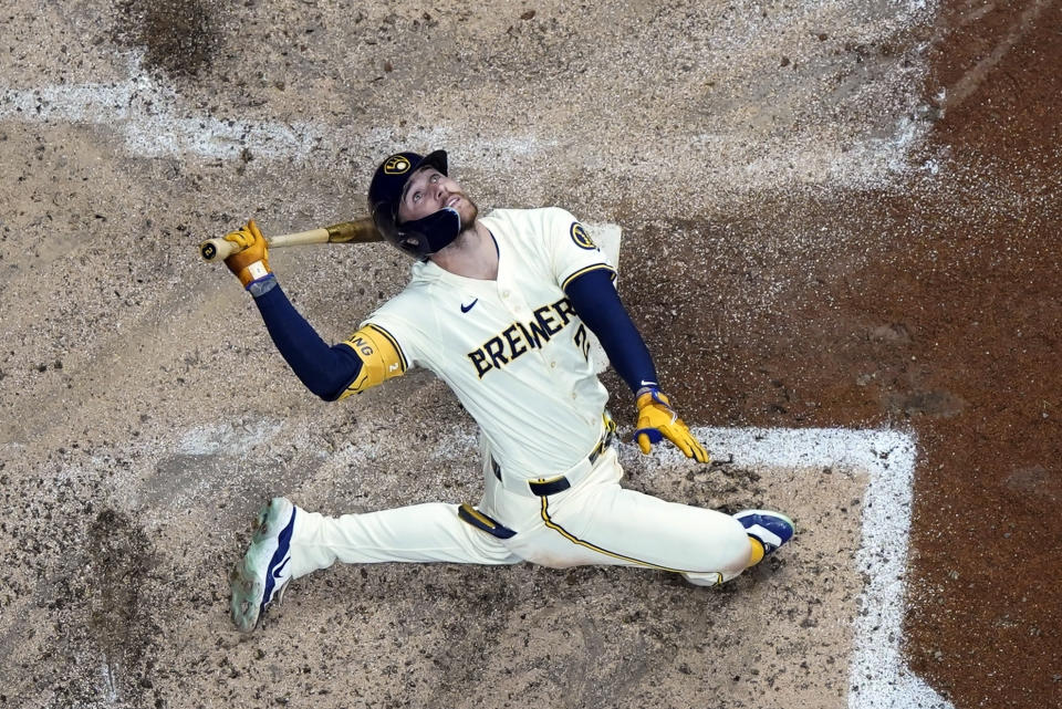 Milwaukee Brewers' Brice Turang looks up as he pops out during the fifth inning of a baseball game against the Texas Rangers, Monday, June 24, 2024, in Milwaukee. (AP Photo/Morry Gash)