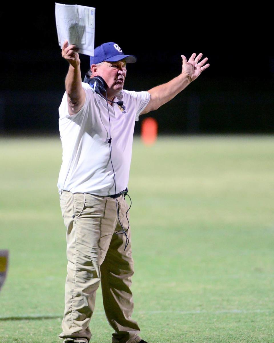Central Catholic coach Roger Canepa reacts to a call during a game between Central Catholic and Serra at Central Catholic High School in Modesto, California, on September 8, 2023.