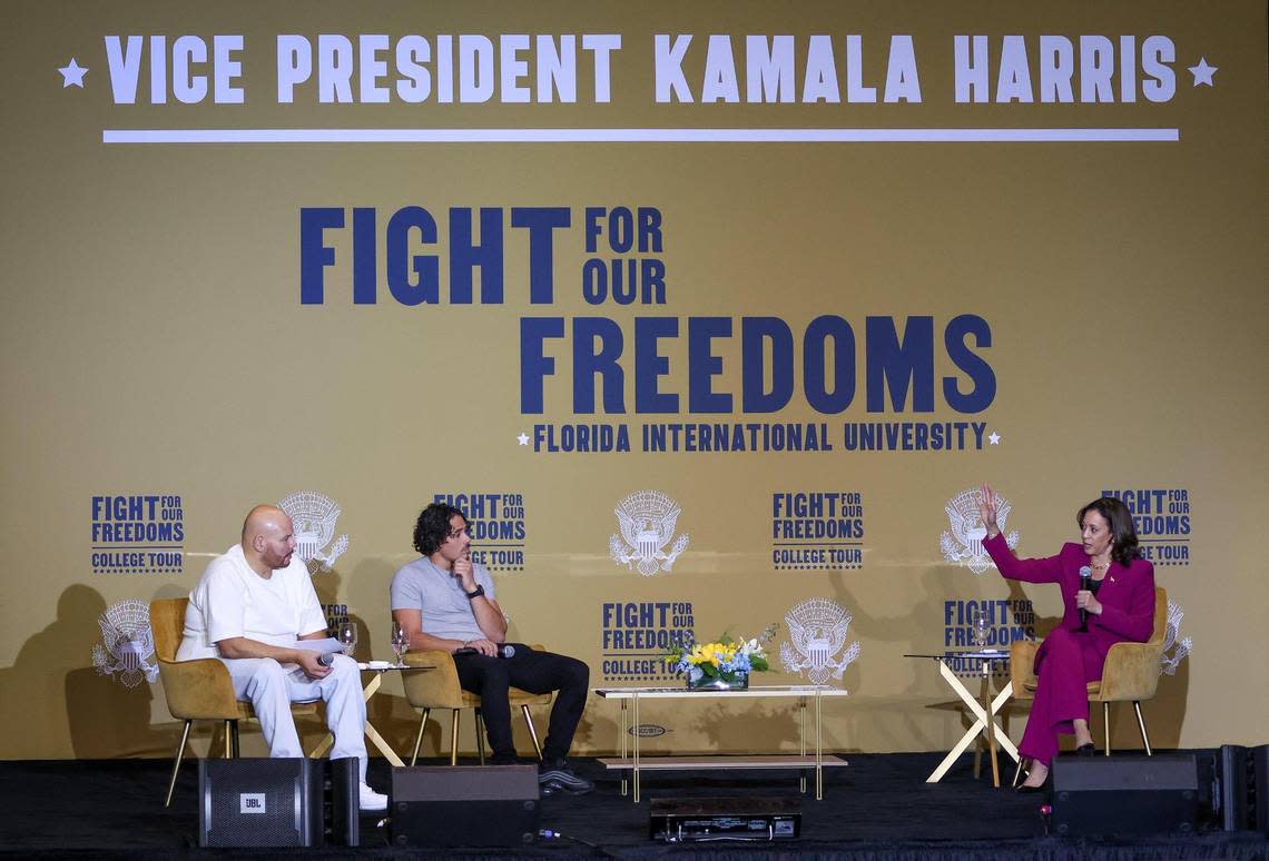 Vice President Kamala Harris, right, answers questions from panelists - Fat Joe, rapper, left, and actor Anthony Ramos, center, and students as she visited FIU as part of her “Fight for Our Freedoms” College Tour on Thursday, September 28, 2023 at Florida International University Ocean Bank Convocation Center on Ocean Bank and Convocation Center on FIU Riccardo Modesto A. Maidique Campus in Miami, Florida. Carl Juste/cjuste@miamiherald.com